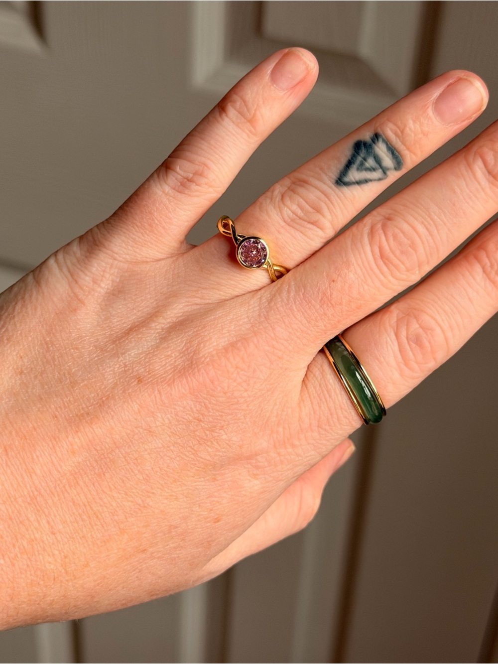 Gold Twist Ring with Pink Stone - open back adjustable
